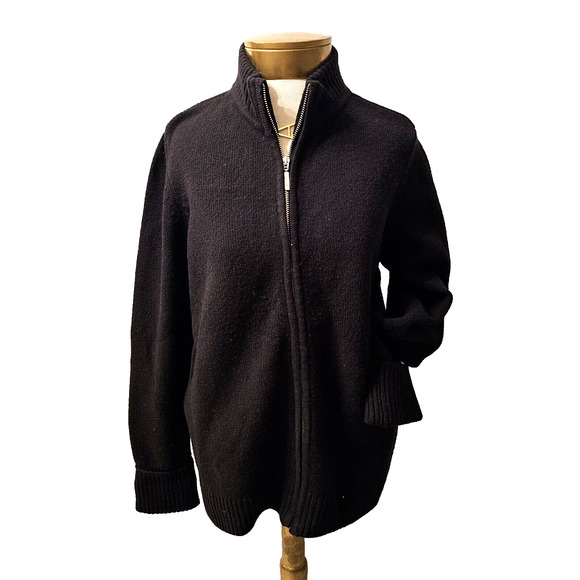 CHICOS Black Full Zippered Classic Cardigan Size 2/M/12 Crew Neck Cuff Sleeve - Picture 1 of 8